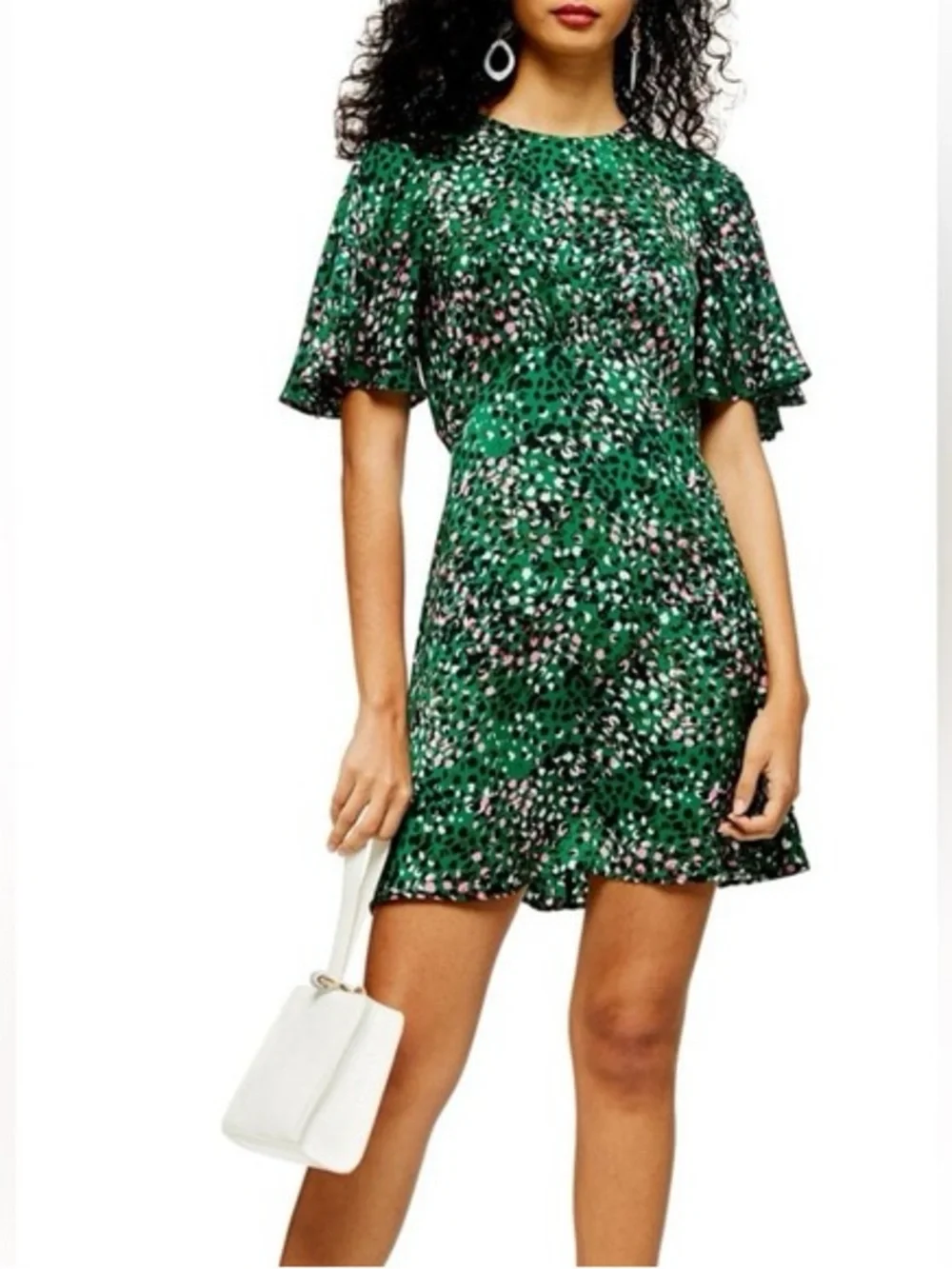 Topshop Green Floral Print Mini Dress UK 14 US 10 Flutter Sleeve Keyhole Back - Picture 3 of 9